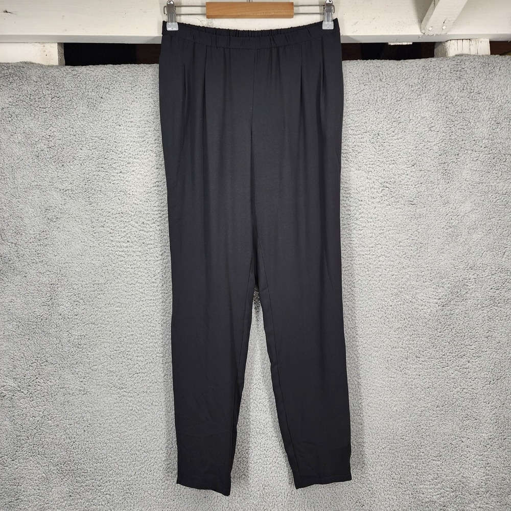 Eileen Fisher 100% Silk Crepe Ankle Pants Black Petite PP‎ Elastic Waist Pleated